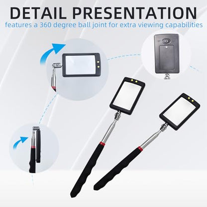 2Pcs Telescoping Lighted Inspection Mirror, Extendable Inspection Mirror | 360° Rotation, Retractable Handle, Bright LED Lights, for Inspection Viewing Mechanic Checking