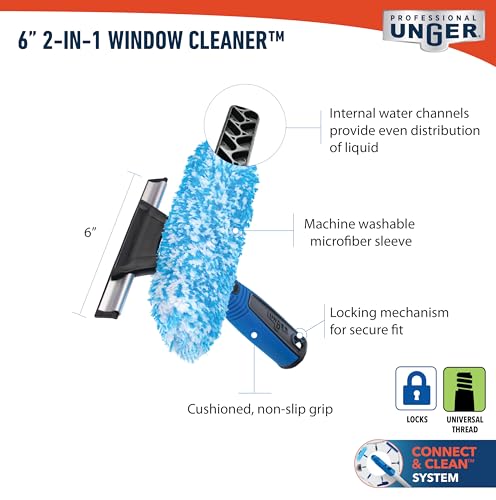 Unger Professional Connect and Clean 2-in-1 Squeegee and Scrubber, 6” Window Cleaning Tool, Commercial and Residential Use, Washer Cleaner Supplies to Remove Excess Water and Dry - size: 6-inch, style: 6" 2-in-1 Window Cleaner II