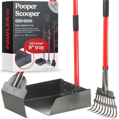Pooper Scooper for Dogs, Heavy Duty Long Handle Rake, Spade & XL Tray | Rustproof Aluminum Poop Scooper for Large Dogs, 36+" Handles and 9”W 9.5”L Extra Large Tray for Yard, Grass, Dirt & Gravel - color: 3 Piece Set - X Large
