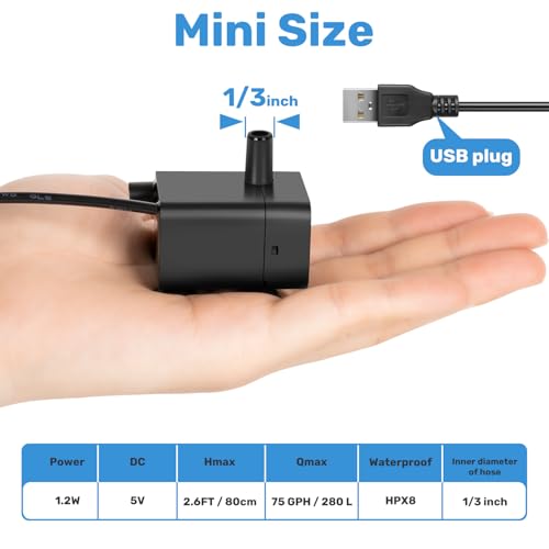 Mini Submersible Pump, Small Fountain Pump with & Sensor (DC 5V USB) for Fish Tank, Pet Fountains, Water feature, Tabletop Fountain, Pond, Hydroponics, Cat Drinking Fountain Replacement Pump
