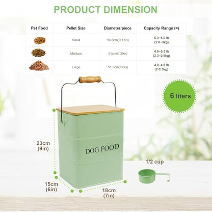 Dog Food storage container Dog Treats Jar,5~6 lb Metal food treats tin for Dog, pet snacks Canisters with wooden lid/handle/sevice scoop-Green - color: Dog-Green
