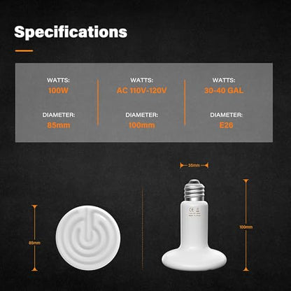 Reptile Heat Lamp 100W Ceramic Heat Emitter, No Light Emitting Heat Bulbs for Amphibian Pet Brooder Coop Incubating Chicken, Lizard Bearded Dragon Turtle Snake Terrarium - color: 1 Pcs (White), size: 100 Watts