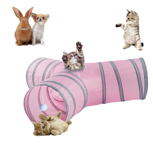 3-Way Collapsible Cat Tunnel Tube Toy Pink — Interactive Play Tunnel with Hanging Ball & Peek Hole for Indoor Cats, Kittens, Puppies & Rabbits | Hours of Fun & Exercise - color: Pink