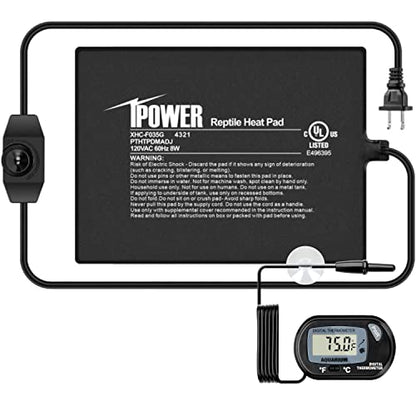 iPower 6 by 8-Inch Reptile Heat Mat with Temperature Adjustable Controller Knob, LCD Digital Aquarium Thermometer, Under Tank Warmer Terrarium Heat Pad for Reptiles and Amphibians - size: 6 X 8 Inch, style: Pad with Adjust Knob+ Thermometer