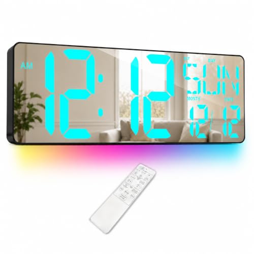 17.2-Inch Large Mirror Digital Wall Clock with Remote Control, RGB Mood Light, Extra-Large LED Display, Auto Dimming,Date, Day, Temp, Countdown Timer for Home, Gym, Office and Classroom (Ice Blue) - color: Ice Blue