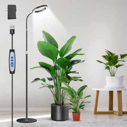Aumtrly Black Grow Lights for Indoor Plants, Full Spectrum, with 68" Stand | 6/12/16H Timer, 5 Dimming Levels, 80 LED Halo, Floor Growing Lamp for Large Tall Plants with Flexible Gooseneck, Metal Base - size: 1 head 68inch/black
