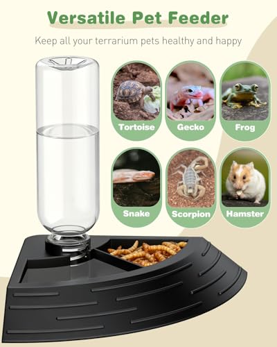Pawfly Reptile Water Bowl, Tortoise Water Dish, Bearded Dragon Water Bowl, Reptile Food Feeder, Automatic Water Dispenser, Feeding Accessories for Turtle, Gecko, Lizard & Chameleon, Black