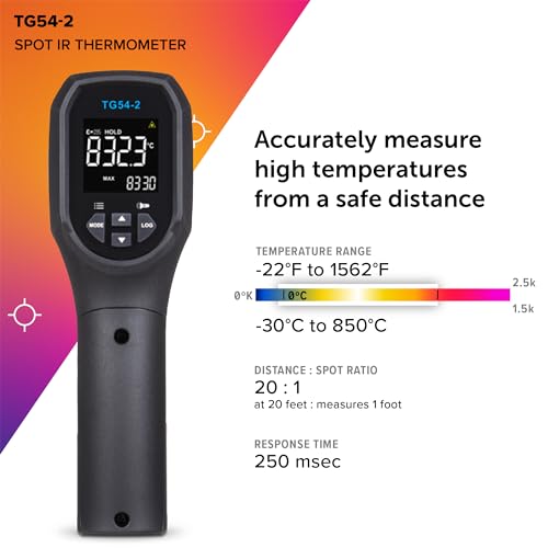 Flir TG54-2 Infrared Spot Thermometer, -22 to 1562F, 20:1 | Non-contact, 20:1 distance-to-spot, color display, IP65, 3m drop, 9V battery (8hr), lanyard - style: TG54-2