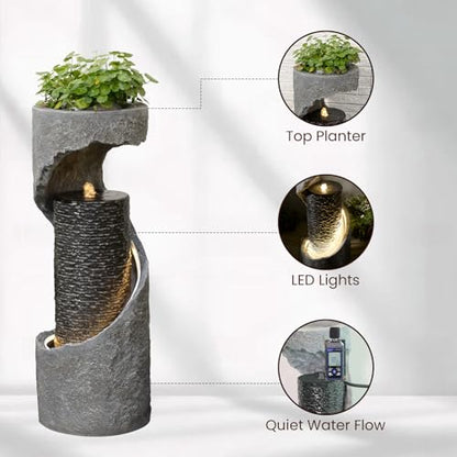 Tankana 35.5" H Water Fountain with Planter, Modern Spiral Waterfall for Outdoor and Indoor, Bubbling Garden Fountain with LED Light for Patio, Deck, and Living Room Corner