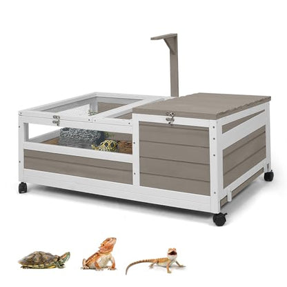 Tortoise Habitat with Lamp Holder in Indoor & Outdoor, Wooden Extensible Turtle Enclosure Table with 4 360° Lockable Wheels, Leakproof Tray, Openable Roof for Tortle, Lizard, Chameleon