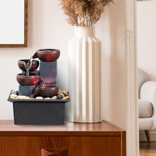 Tabletop Fountain 4 Level Small Waterfall Fountain Indoor Relaxing Water Feature Meditation Fountain for Home Office Bedroom Decoration Including LED Lighting Natural Rocks as Festival Gifts