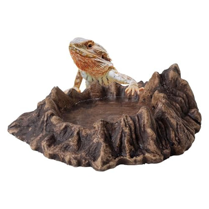 Rockery Reptiles Food Bowl, Landscaping Tank Accessory | Amphibian Feeding Bowl ,Small Pets Water Dish Terrarium Decor for Lizards,Gecko,Chameleon,Snake,Tortoise,Brown,1 Piece