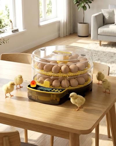 JUJOJB 48 Egg Incubator for Hatching Eggs, Double-Layer Auto Turner & Temp | Temperature control, humidity, auto turner, candler. Fits 48 chicken, duck, quail, turkey, pheasant, guinea, parrot eggs. - color: Yellow
