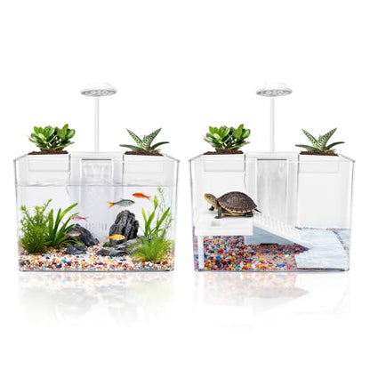 Small Turtle Tank Kit, Acrylic Turtle Starter Kit with Adjustable Lamp & Filter, Plastic Aquarium, for Turtles Crabs Crayfish Small Reptiles (with Light)