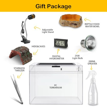 HELIME Reptile Tank 7 Piece Starter Kit with Escape Proof Locking Lid Small | All in One Hermit Crab Tank,Polycarbonate Tarantula Enclosure Frogs Habitat with Light,Hygrometer,Hide,Tweezer,Bowl,Sprayer - size: Small(12x7x9IN)