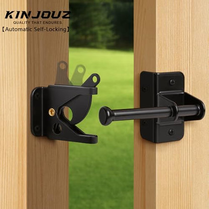 Self Locking Gate Latch for Wooden Fence, Automatic Gravity Latch | For Wood Metal Gate, Heavy Duty Gate Hardware Door Lock for Outdoor Pool, Garden Shed, Black