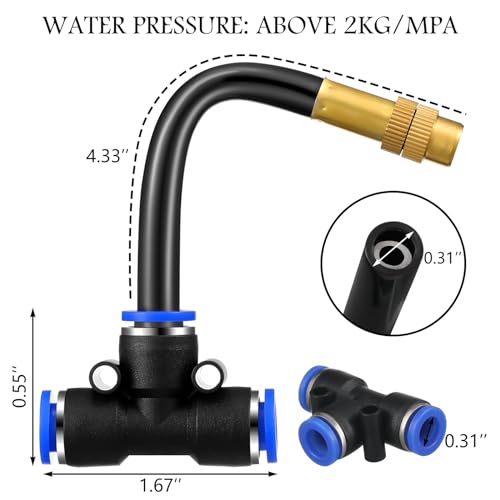 Zonon 10 Pcs Brass Misting Nozzles Tee with 4" Built in Hose for 0.32"/8 mm Tubing 360 Degree Rotation Adjustable Water Mister Nozzle Thread Sprayer Misting Part Accessories for Patio Outdoor Cooling - size: 4 Inch