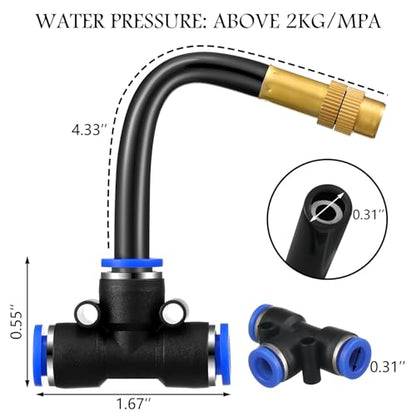 Zonon 10 Pcs Brass Misting Nozzles Tee with 4" Built in Hose for 0.32"/8 mm Tubing 360 Degree Rotation Adjustable Water Mister Nozzle Thread Sprayer Misting Part Accessories for Patio Outdoor Cooling - size: 4 Inch