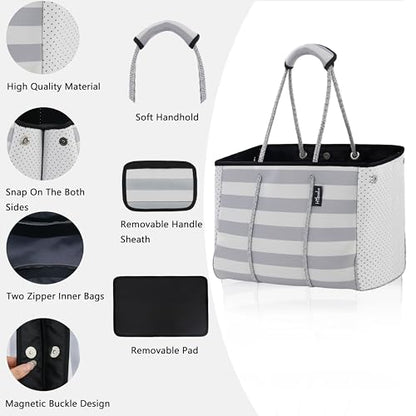 Hibala Neoprene Multipurpose Beach Bag,Gym/Travel/Pool Bag,Tote For Women&Men - color: Grey Stripe