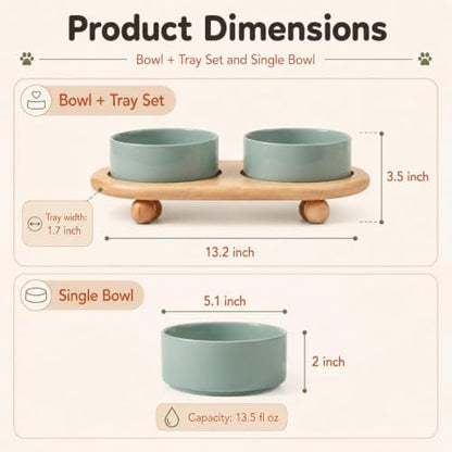 Havniva Raised Cat Bowl 5.1” Elevated Ceramic Cat Food and Water Bowl Set | Cat Bowls Elevated, Whisker Friendly Cat Bowl, Non-Slip Wood Stand, Food-Grade Ceramic, Wide Opening, Dishwasher Safe - color: Light Green, size: 2 Bowls+Tray - 5.1"