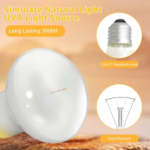 50W Reptile Heat Lamp Bulbs, 2Pack Heat Lamp Bulbs for Reptiles Basking Bulbs UVA Daylight Basking Light Amphibians Heating Lamp Emitter for Lizard, Turtle, Bearded Dragon, Snake, Gecko, Chicken