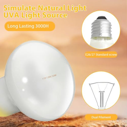 50W Reptile Heat Lamp Bulbs, 2Pack Heat Lamp Bulbs for Reptiles Basking Bulbs UVA Daylight Basking Light Amphibians Heating Lamp Emitter for Lizard, Turtle, Bearded Dragon, Snake, Gecko, Chicken