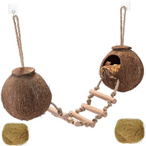 HERCOCCI Gecko Tank Accessories, Hermit Crab Toys Double Coconut Shell | Natural Coconut Husk Hut with Climbing Ladder with Suction Cup for Leopard Gecko Snake Reptiles