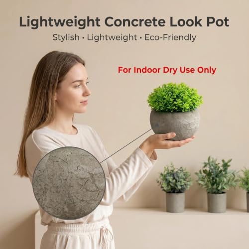 AUUGUU Artificial Potted Plants Faux Greenery in Cement Pots for Shelf, Bookshelf, Office or Home Decor, Small Decorative Fake Plants for Modern Indoor Display