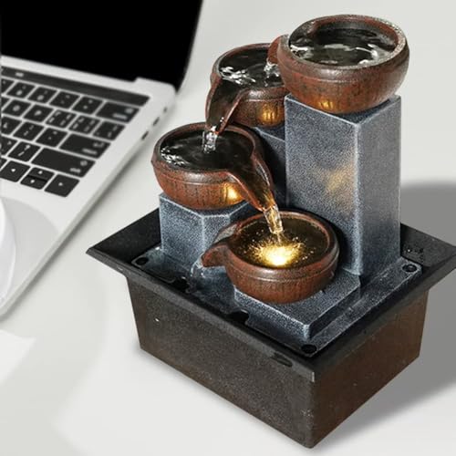 Indoor Desktop Fountain 4-Tier Desktop Fountain with Warm LED Lights & 3-Speed Adjustable Pump - Ideal for Bedrooms, Offices & Home Décor