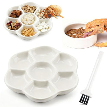 Eiito Reptile Food Bowl,Hermit Crab Lizard Gecko Ceramic Food Dish, 7 Compartments Anti-Turning Bearded Dragon Food & Water Bowl with Small Brush (White)