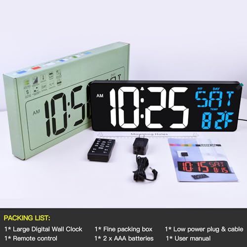17" Large Digital Wall Clock with Remote, Auto Dimmer, Date Temp, Timer | Large clear display, Snooze function, Count up and down timer, Suitable for Living Room, Office, Gym Indoor Spaces - color: Ice Blue+ White