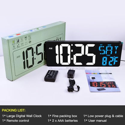 17" Large Digital Wall Clock with Remote, Auto Dimmer, Date Temp, Timer | Large clear display, Snooze function, Count up and down timer, Suitable for Living Room, Office, Gym Indoor Spaces - color: Ice Blue+ White