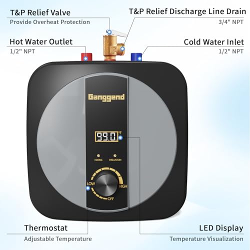 2.5 Gallon Electric Water Heater, 1500W 110V Mini Tank Under Sink Instant Hot Water Heater with Pressure Release Valve, Digital Display for Kitchen, RV, Laundry,Food Truck - color: Gloss Black