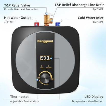 2.5 Gallon Electric Water Heater, 1500W 110V Mini Tank Under Sink Instant Hot Water Heater with Pressure Release Valve, Digital Display for Kitchen, RV, Laundry,Food Truck - color: Gloss Black