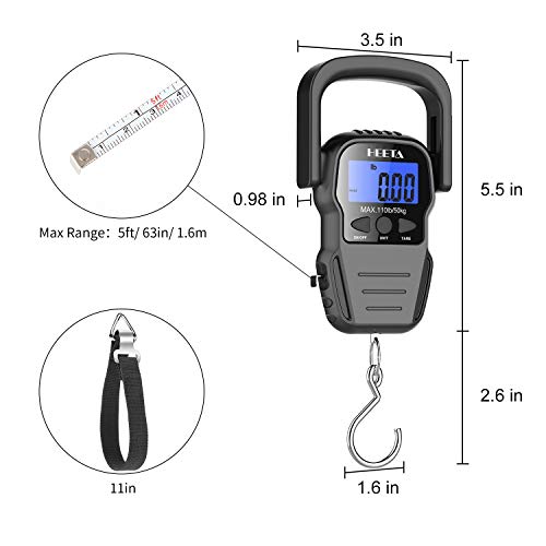 HEETA Fish Scale Digital Fishing Luggage Weight Scale with Measuring Tape | Up 110lb/50kg Portable Hanging Scale with Backlit LCD Display for Home Farm Outdoor Hunting Fishing, 2 AAA Batteries Included - color: Black