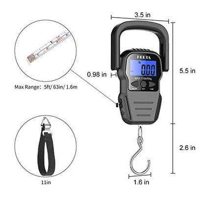 HEETA Fish Scale Digital Fishing Luggage Weight Scale with Measuring Tape | Up 110lb/50kg Portable Hanging Scale with Backlit LCD Display for Home Farm Outdoor Hunting Fishing, 2 AAA Batteries Included - color: Black