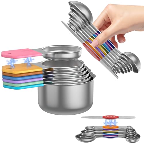 Magnetic Measuring Cups and Spoons Set – 304 Stainless Steel | Dual-Sided Markings | Space-Saving Kitchen Organizer | N52 Magnetic Nesting | 15-Piece with Leveler | Baking & Gift(Colorful) - color: Magnetic Measuring Cups and Spoons Set - Colorful