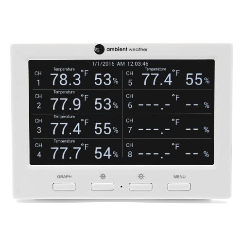 Ambient Weather WS-3000-X3 Thermo-Hygrometer Monitor w/ 8 Remote Sensors | Logging, Graphing, Alarming, Radio Controlled Clock - size: 1 Console / 8 Sensors