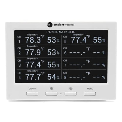 Ambient Weather WS-3000-X3 Thermo-Hygrometer Monitor w/ 8 Remote Sensors | Logging, Graphing, Alarming, Radio Controlled Clock - size: 1 Console / 8 Sensors