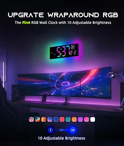 EASYERA 16.5" Large Digital Wall Clock with BT Sync,11 RGB Lights | Classroom Clock Remote Control, Big LED Display, Dual Alarms, Auto DST, Temperature | Gaming - color: Black