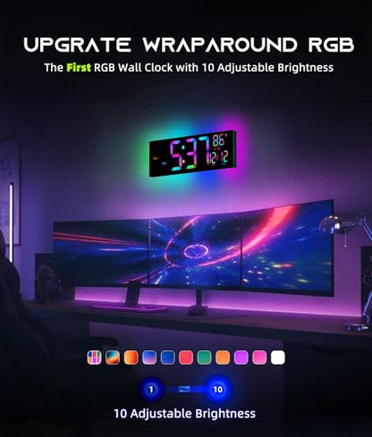 EASYERA 16.5" Large Digital Wall Clock with BT Sync,11 RGB Lights | Classroom Clock Remote Control, Big LED Display, Dual Alarms, Auto DST, Temperature | Gaming - color: Black