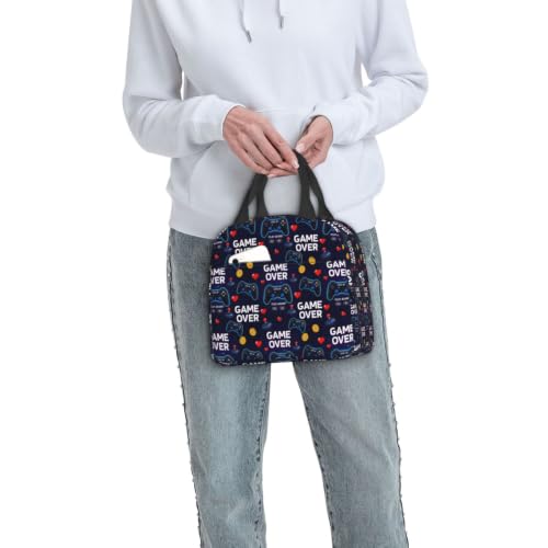 Men Gaming Video Print Insulated Cooler Lunch Bag | Neon Gaming Video Games Red Blue Game Over, Heavy-Duty Nylon Cooler Bag, Large Capacity for Camping, Beach & Work - color: Pattern (862)