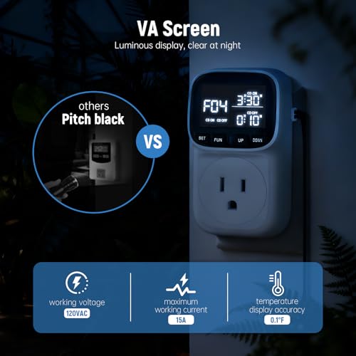 Digital Temperature Controller, Thermostat Outlet with LCD Display | 15A/1800W, Heating & Cooling Mode, -40℉~210℉, 4 Timing Modes, For Greenhouse Incubator Homebrew Reptile Tank
