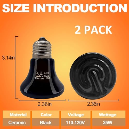 BNOSDM 25W Ceramic Heat Emitter,2 Pack Reptile Heat Lamp Bulbs,Ceramic Heat Lamp,Brooder Coop Heater for Amphibian Reptile Turtle Lizard Chicken - color: Pack of 2/Black, size: 25 Watts
