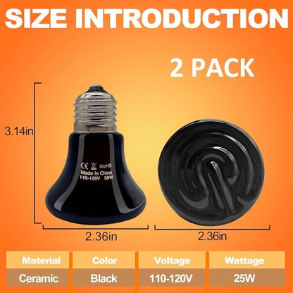 BNOSDM 25W Ceramic Heat Emitter,2 Pack Reptile Heat Lamp Bulbs,Ceramic Heat Lamp,Brooder Coop Heater for Amphibian Reptile Turtle Lizard Chicken - color: Pack of 2/Black, size: 25 Watts
