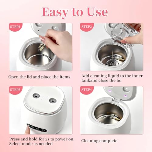 BQAN Rechargeable Nail Tool Cleaner, 3 Timers Mode Jewelry Cleaner, Portable 200ML Cleaning Machine for Nail Art Brushes, Drill Bits, Rings, Jewelry Home and Salon Use(White) - color: White