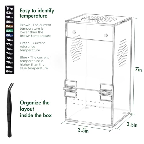 Pre-Assembled Jumping Spider Enclosure, All-Side Ventilation | 3.5"×3.5"×7" Escape-Proof Spider Terrarium Kit with Accessories & Magnetic Door for Tarantula, Mantis, Tweezer & Temp Sticker - size: Small Vertical (3"×3"×7")