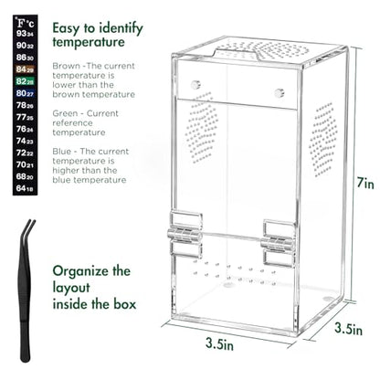 Pre-Assembled Jumping Spider Enclosure, All-Side Ventilation | 3.5"×3.5"×7" Escape-Proof Spider Terrarium Kit with Accessories & Magnetic Door for Tarantula, Mantis, Tweezer & Temp Sticker - size: Small Vertical (3"×3"×7")
