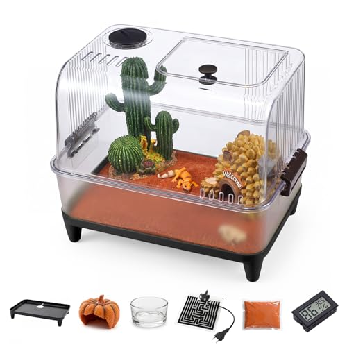 Garvee Reptile Tank Starter Kit, Reptile Terrarium Kit, Acrylic Small Reptile Habitat with Lid, Heating Pad, Hygrometer, Bowl,Hide, Sand for Reptiles,Tarantula,Lizards,Frogs,Geckos,or Hermit Crabs
