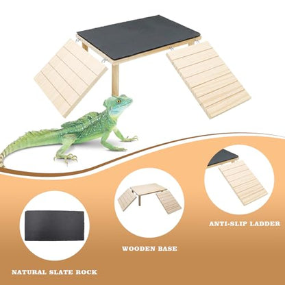 Bearded Dragon Basking Platform, Wooden + Rock Plate Reptile Cave Hideout with Climbing Ramp, Aquariums & Terrariums Accessories for Bearded Dragons Leopard Geckos Lizards Turtles Hamsters - color: Wood + Rock